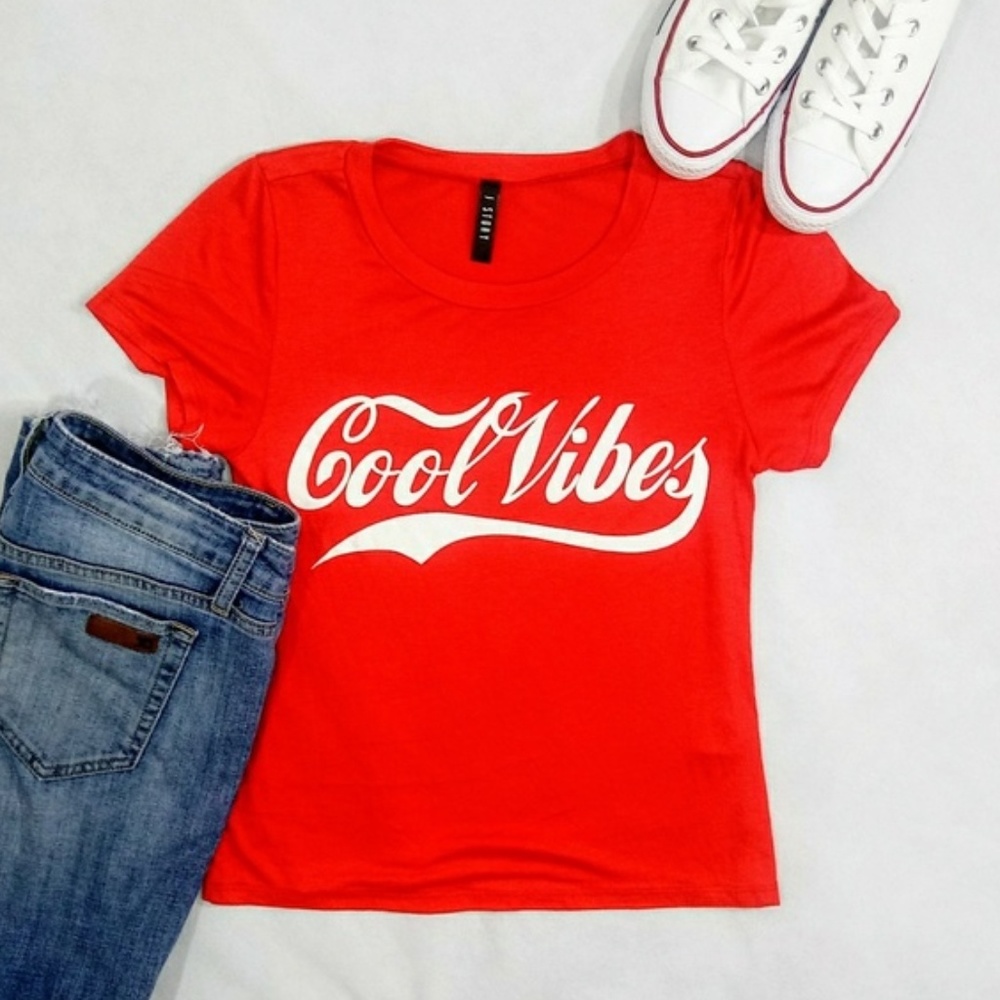 Red Cool Vibes Slogan Crop T Shirt